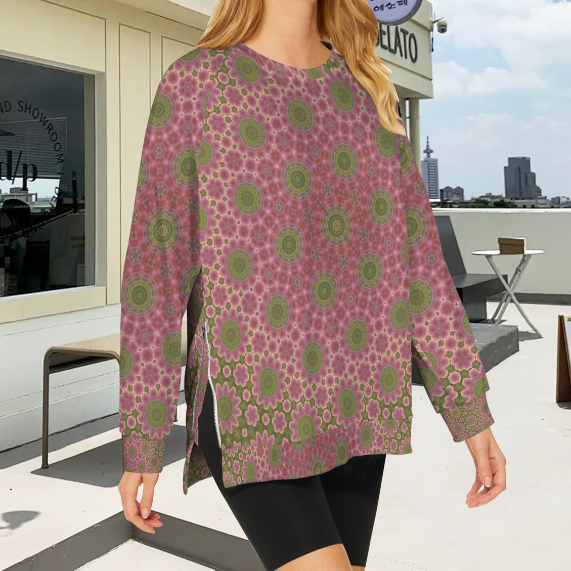 Crew Neck Long Sleeve Side Zip Sweatshirt Cactus in Bloom