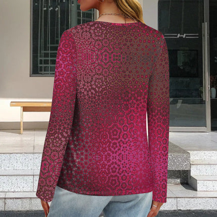 V Neck Long Sleeve Sweater Red Leaves Abstract