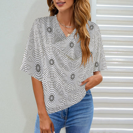 Draped Neck Blouse Carnival Tile Gray and White Geometric