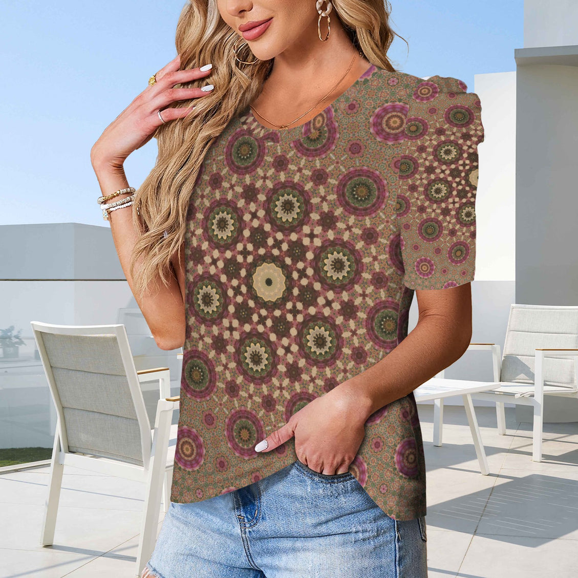 Puff Sleeve T-Shirt Fall Leaves Taupe and Copper