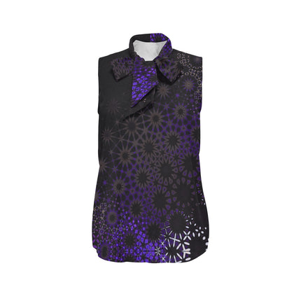 Bow Tie V Neck Sleeveless Blouse Black and Purple Abstract