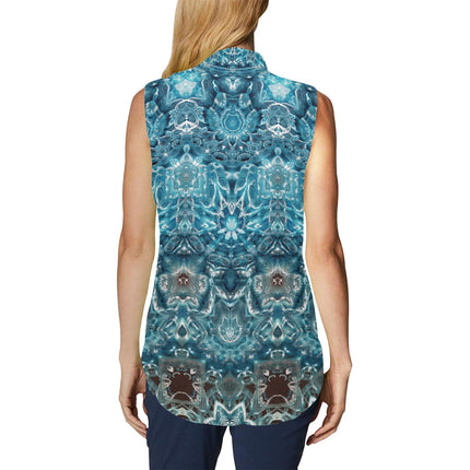 Bow Tie V Neck Sleeveless Blouse Blue Glass Ombre