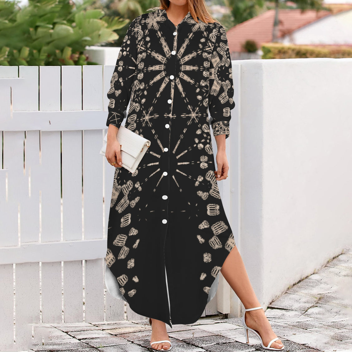 Long Sleeve Shirt Dress Taupe and Black Graphic