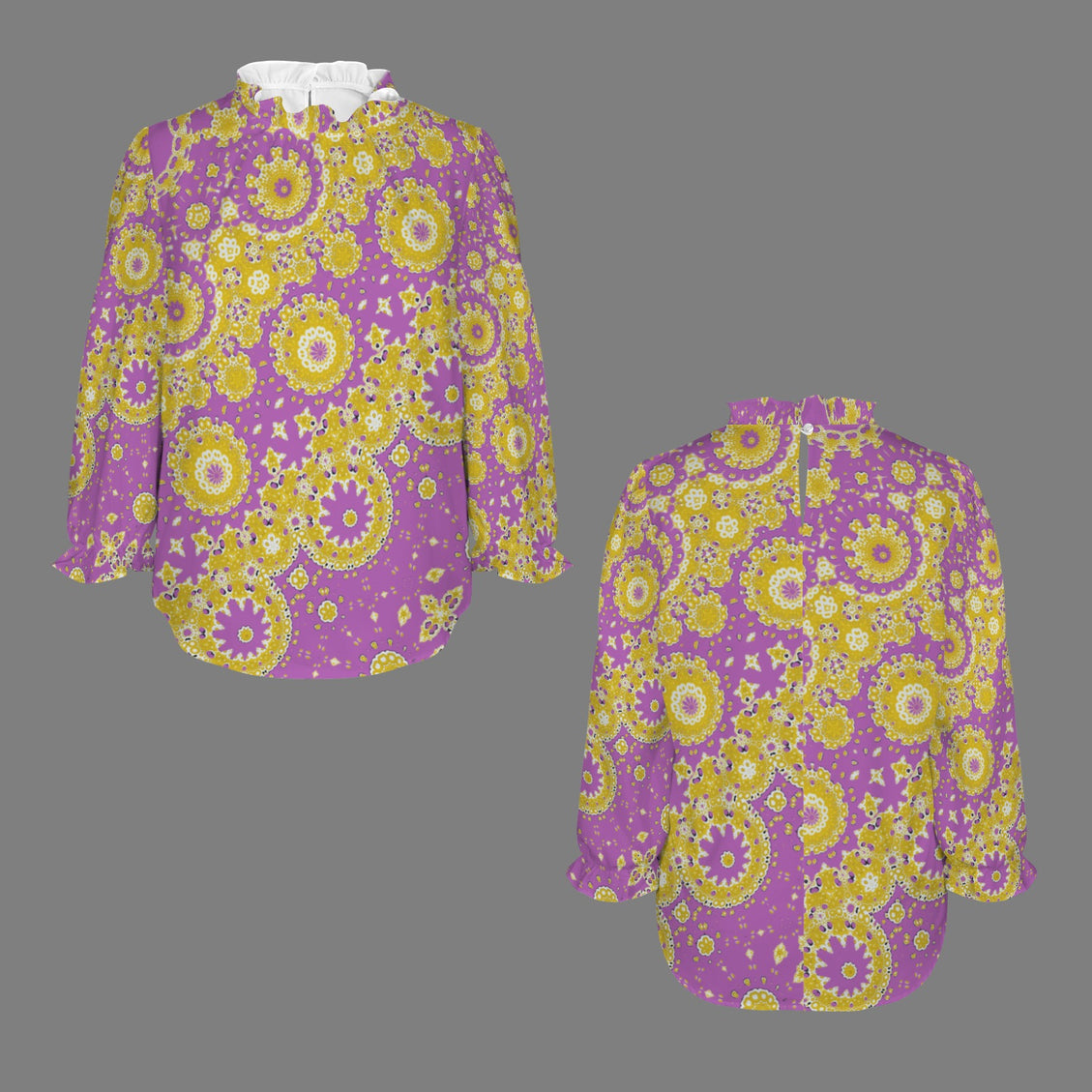 Ruffled Long Sleeve Mock Neck Blouse Purple and Gold