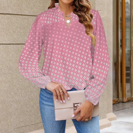 V Neck Pleated Long Sleeve Pink Sunrise Ombre