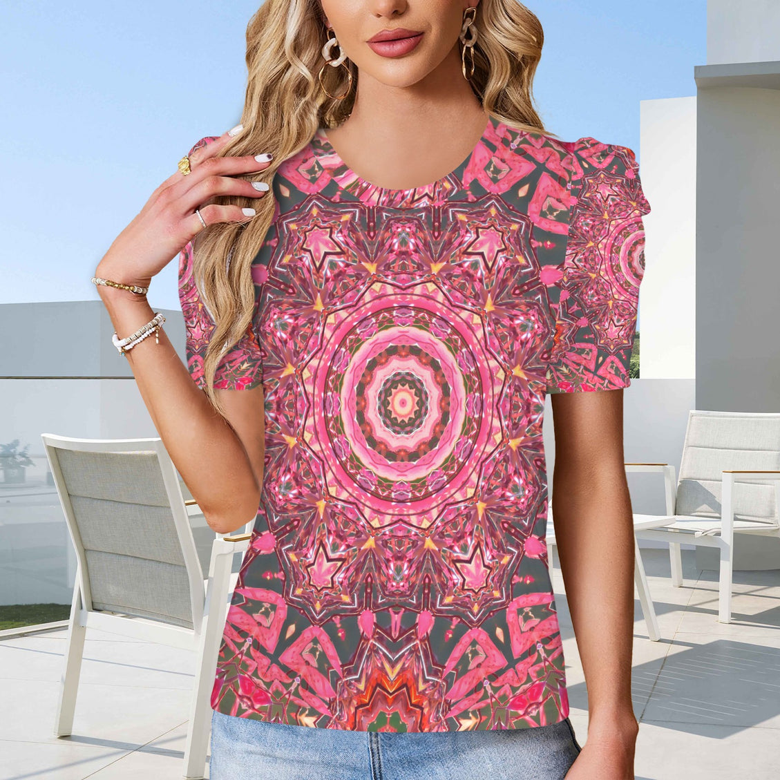 Puff Sleeve T-Shirt Pink and Gray Medallion