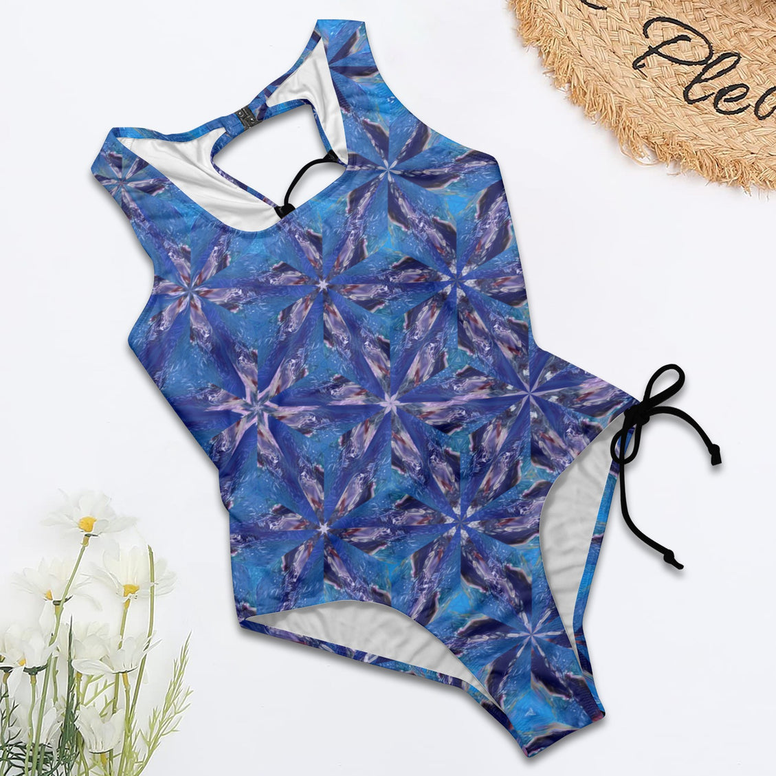 Tie Back Lace Up One Piece Swimsuit Blue Flowers Abstract