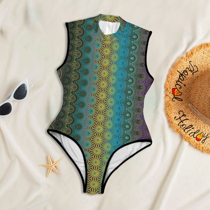 One Piece Back Zip Paddlesuit Peacock Feathers Blue Green Gold