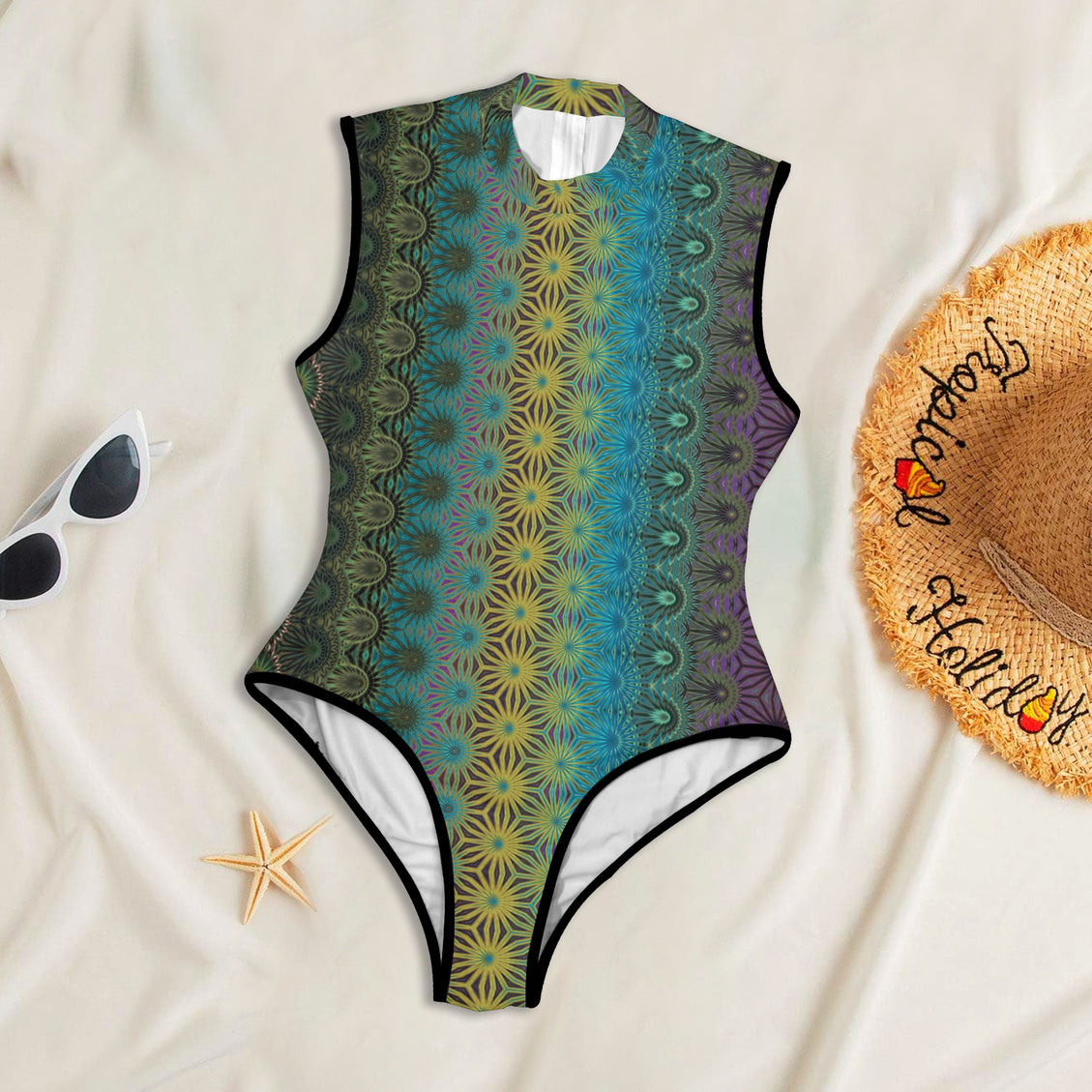 One Piece Back Zip Paddlesuit Peacock Feathers Blue Green Gold