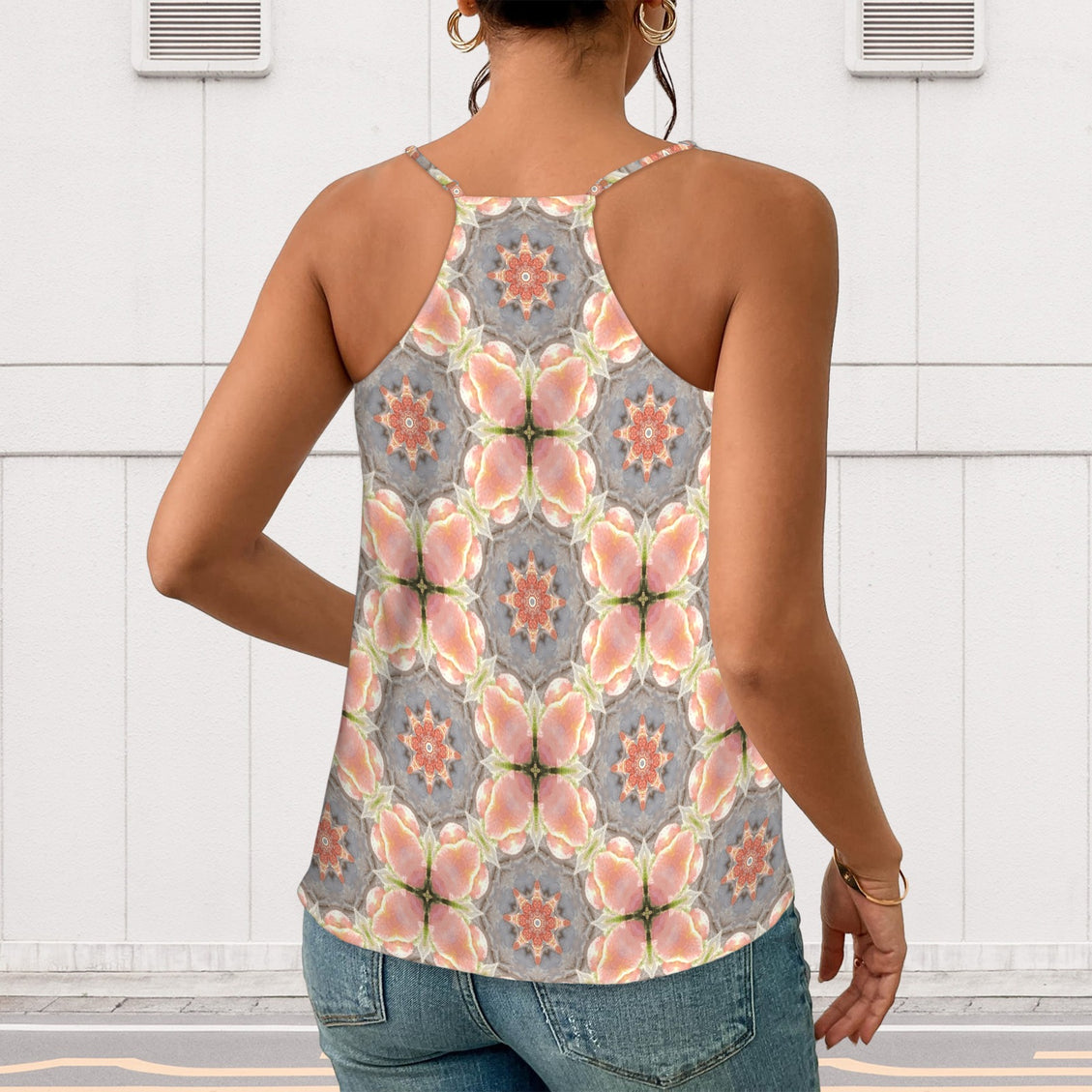 V Neck Cami Apricot Hollyhocks