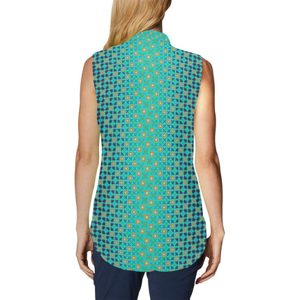 Bow Tie V Neck Sleeveless Blouse Peacock Turquoise Ombre