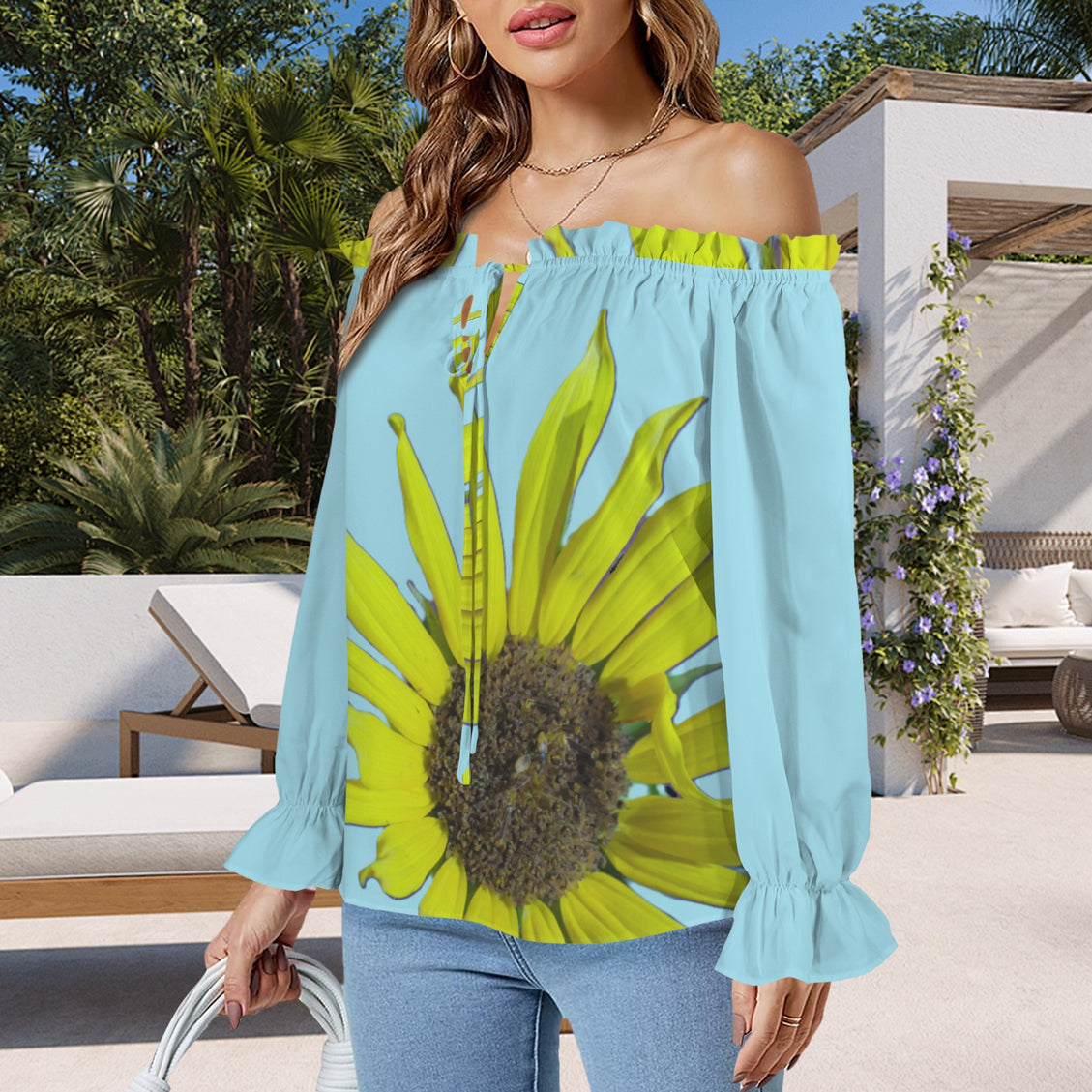 Off Shoulder Lantern Sleeve Blouse Sunflower Blue