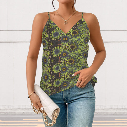 V Neck Cami Top Fall Leaves Abstract Brown Green