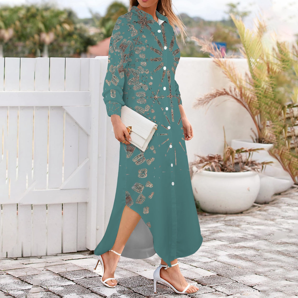 Long Sleeve Shirt Dress Copper and Teal Graphic