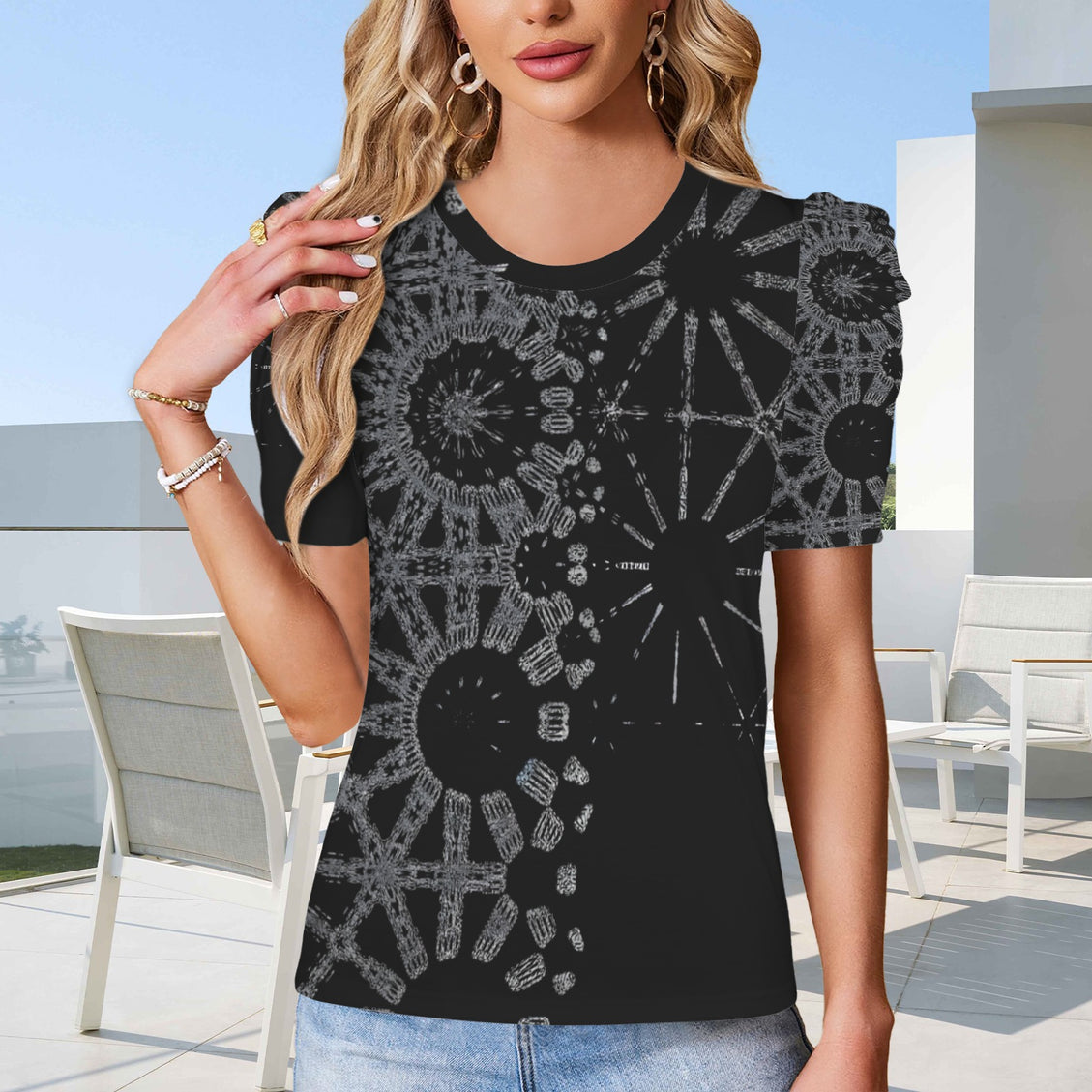 Puff Sleeve T-Shirt Black and Silver Metallic Graphic