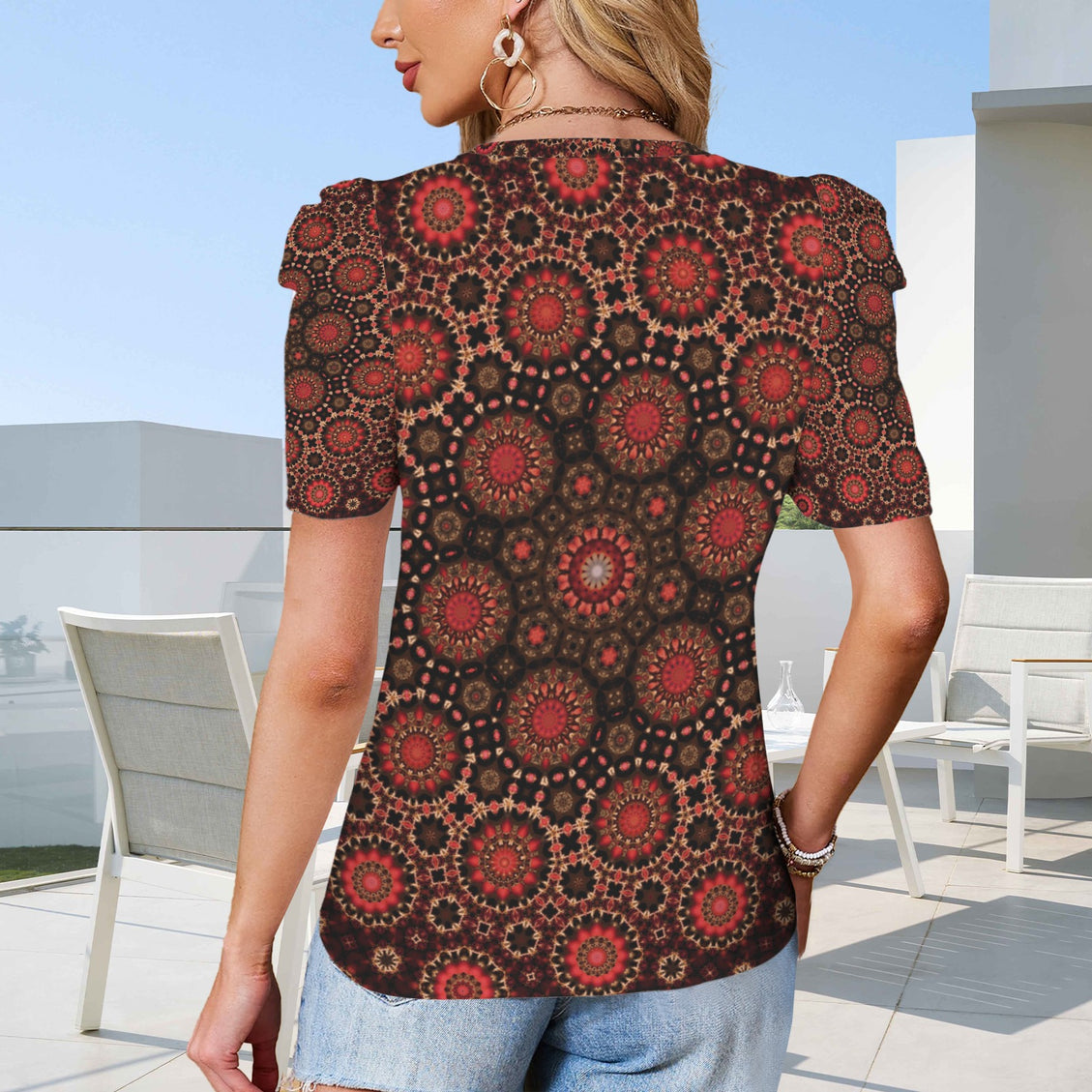 Puff Sleeve T-Shirt Fall Leaves Red and Black