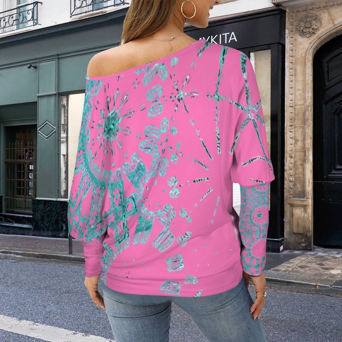 Batwing Long Sleeve Top Pink and Turquoise Graphic