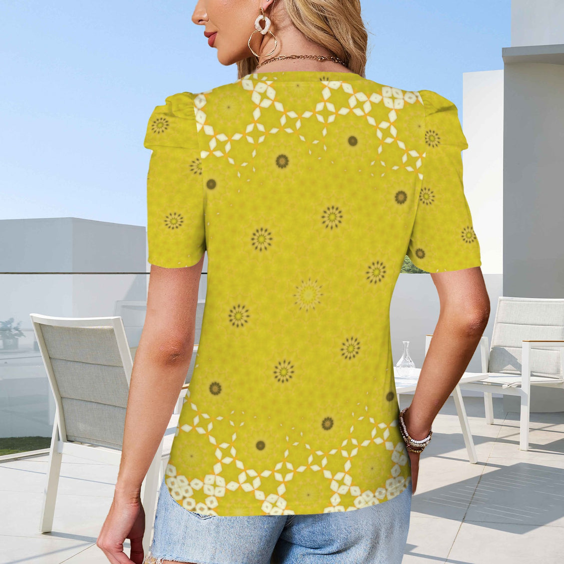 Puff Sleeve T-Shirt Chartreuse Fall Leaves