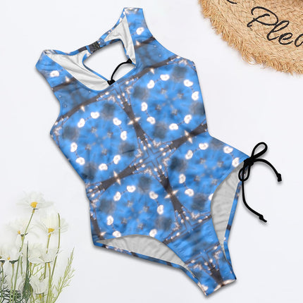 Tie Back Lace Up One Piece Swimsuit Frosty Trees Blue Tartan Plaid