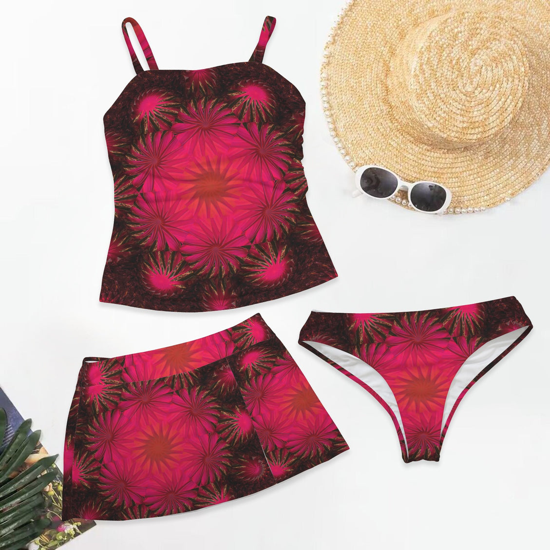 Three Piece Tankini Set Fuchsia & Black Medallion