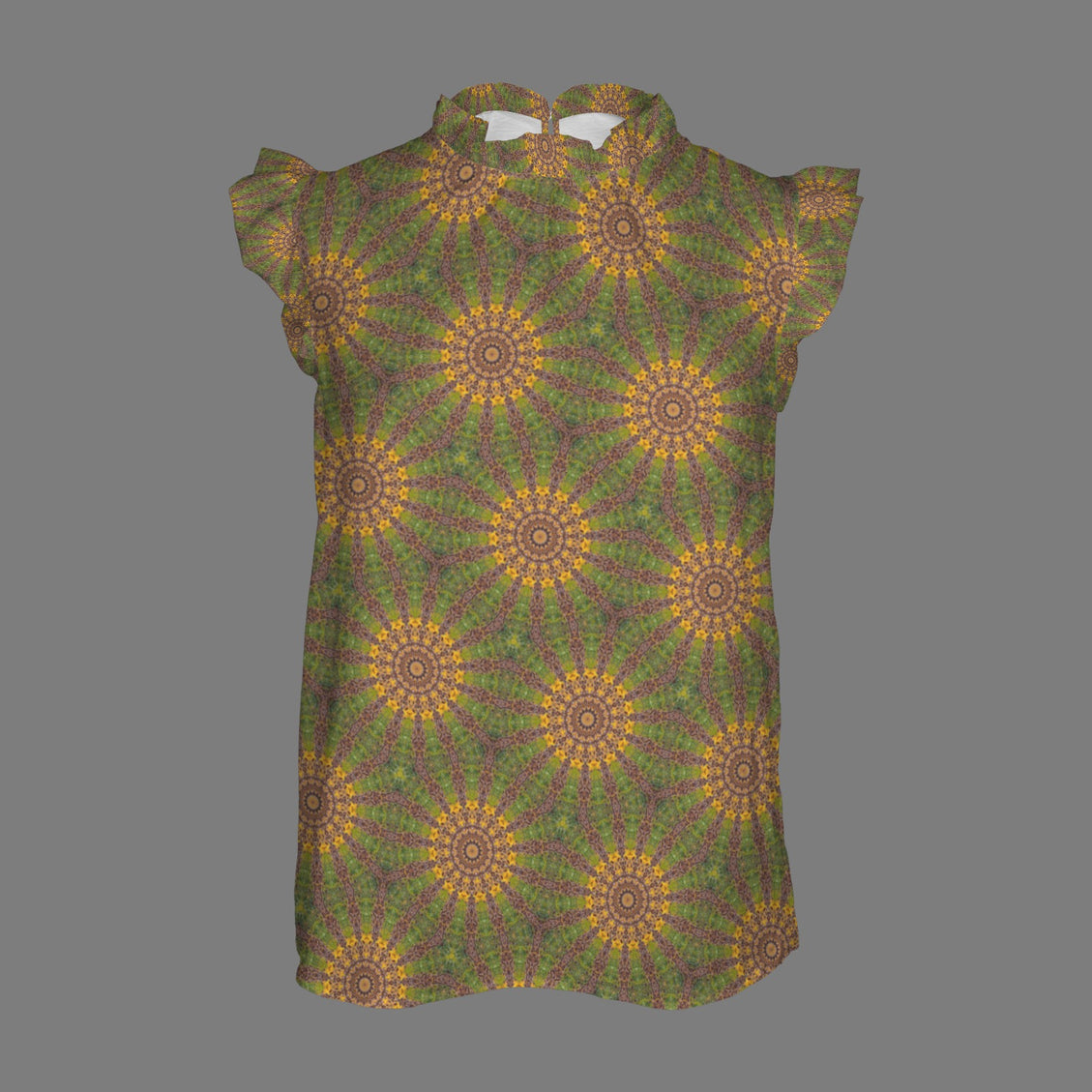 Ruffle Neck Blouse Gold Green Purple Starburst