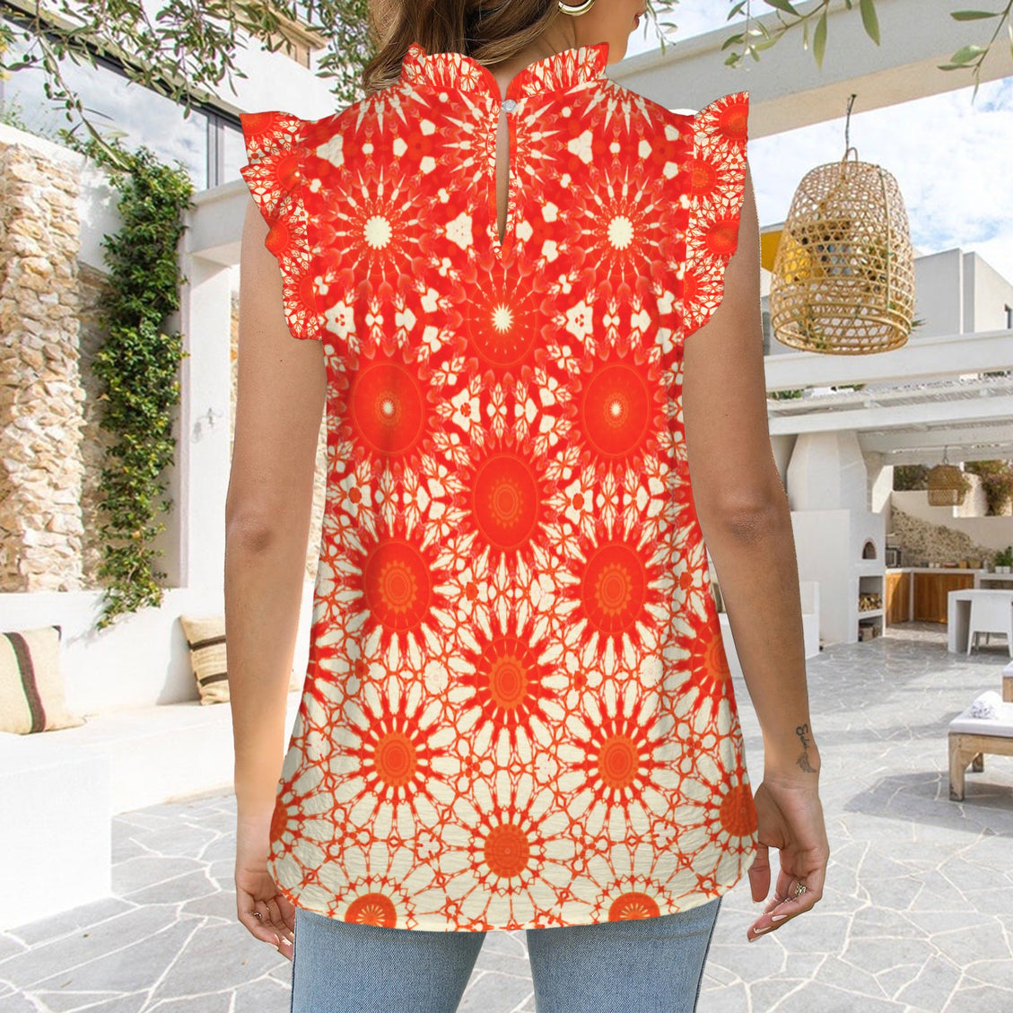 Ruffle Neck Blouse Red Orange Starburst