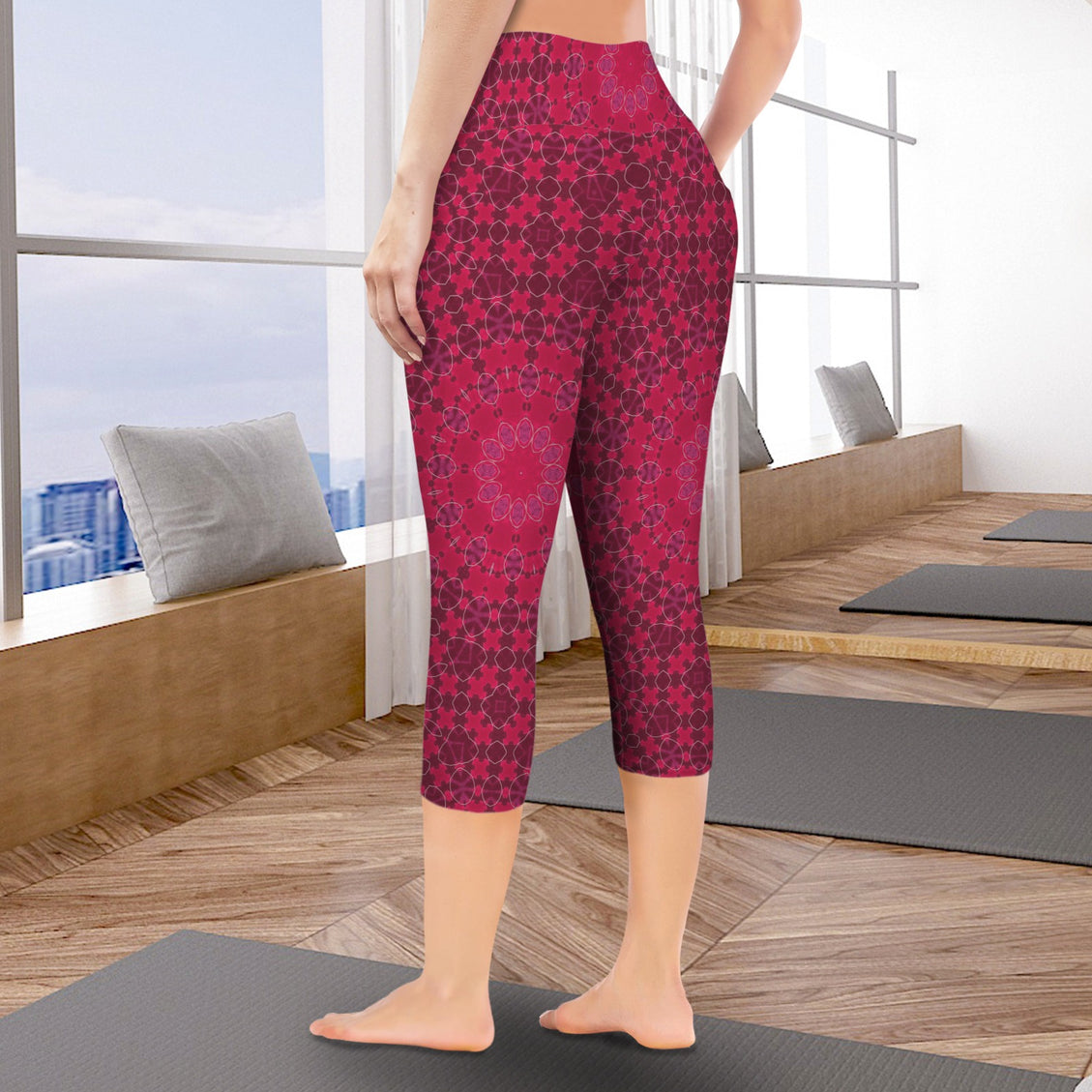 Capri Yoga Pants Red Leaves Geometric