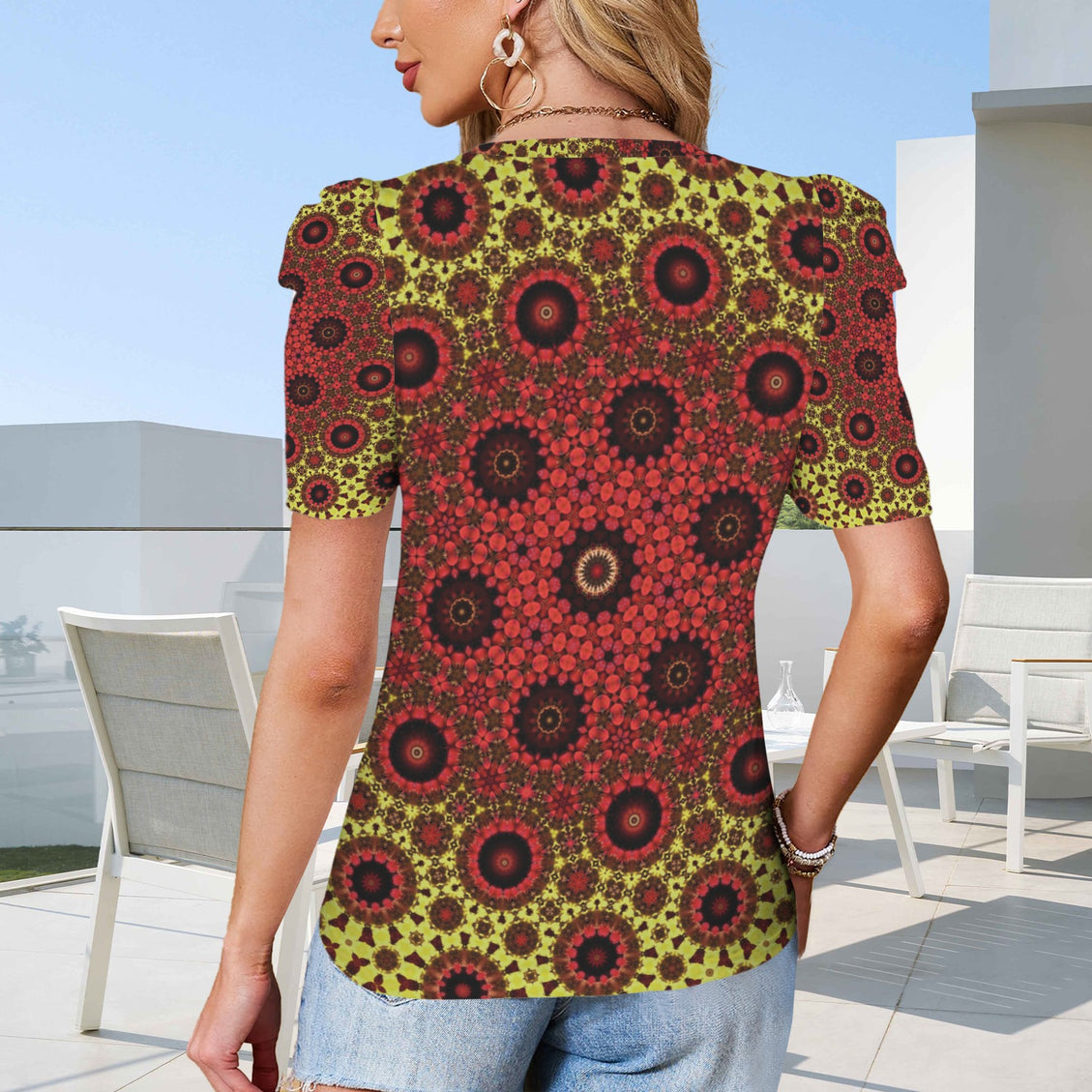 Puff Sleeve T-Shirt Fall Leaves Red Chartreuse