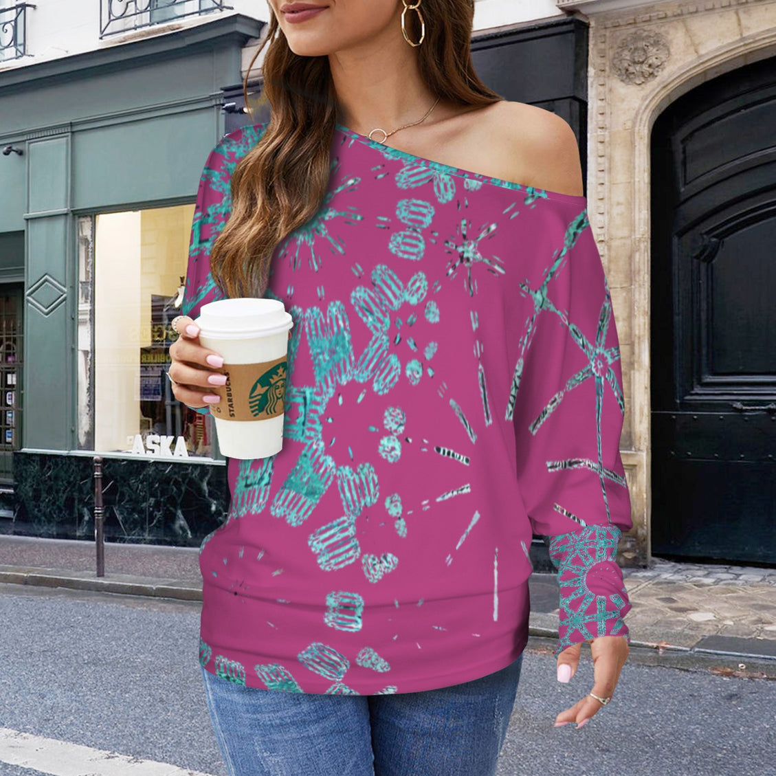 Batwing Long Sleeve Top Cranberry and Turquoise Graphic