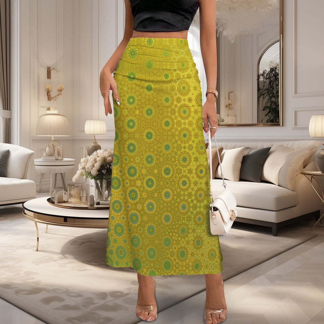 Ruched High Waist Maxi Skirt Green and Gold