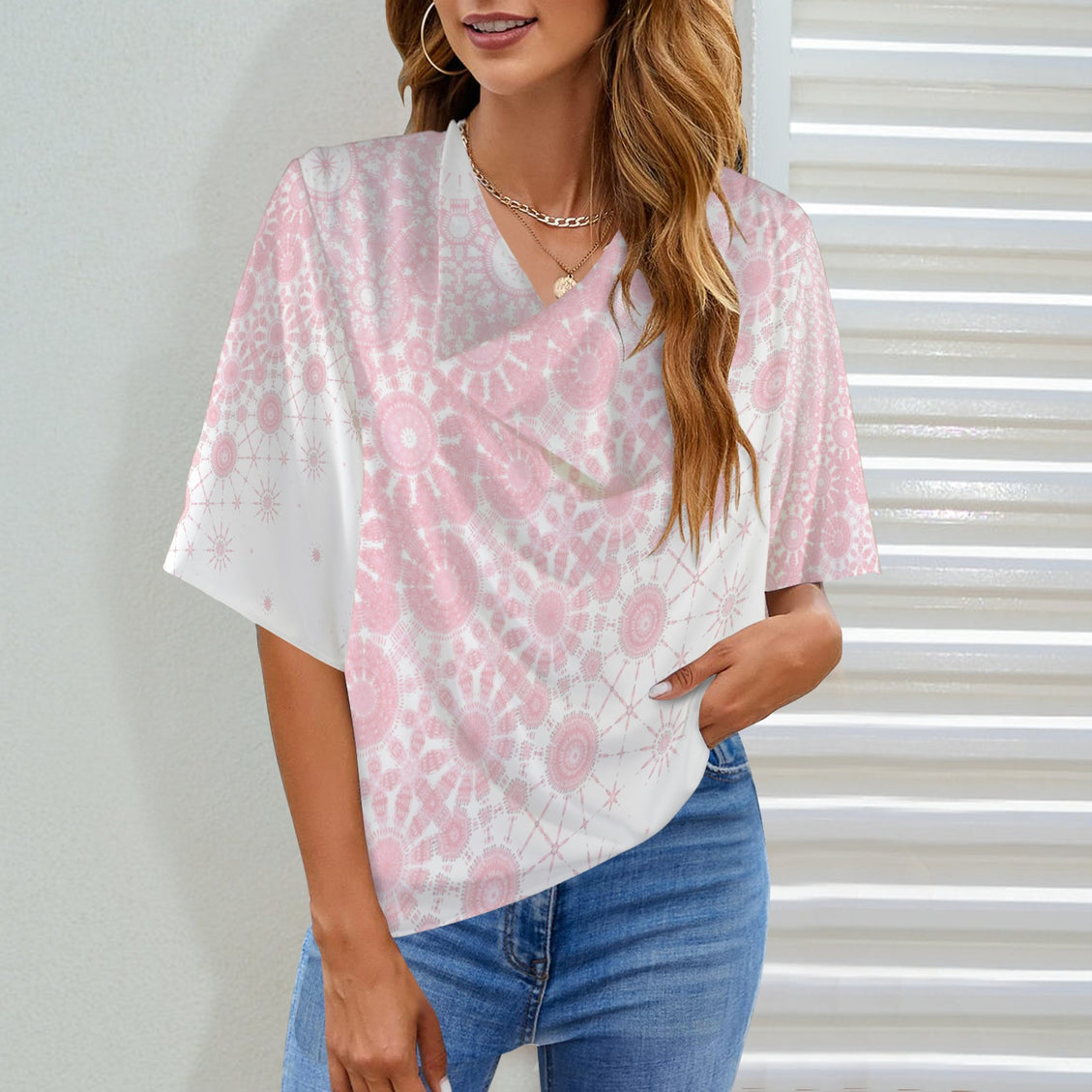 Draped Neck Blouse Pink Sunflower Graphic