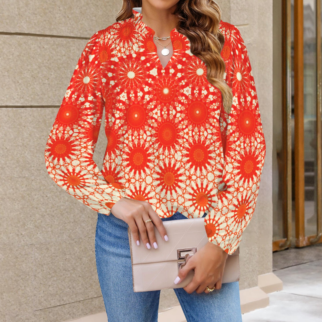 V Neck Long Sleeve Blouse Red Orange Starburst