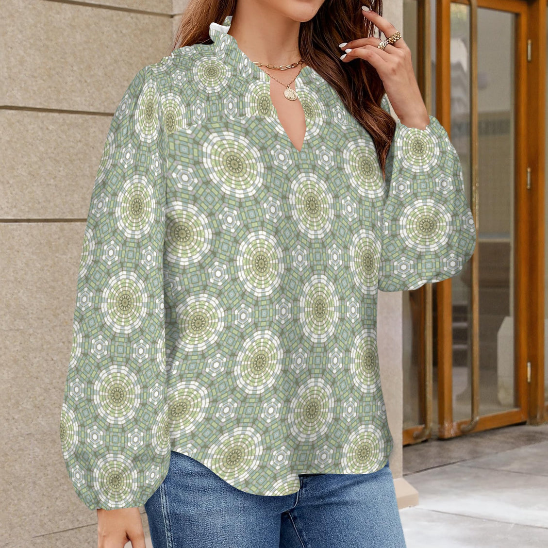 V Neck Long Sleeve Blouse Carnival Tile Green Yellow