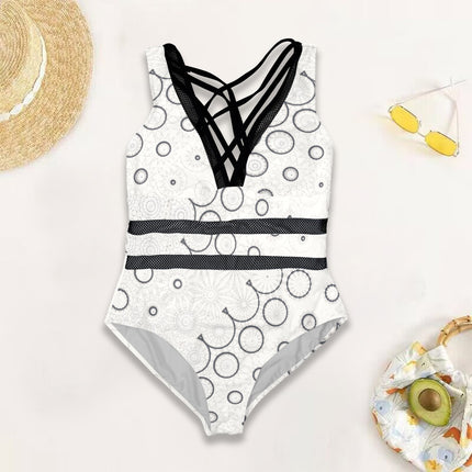 V Neck Mesh One Piece Swimsuit Ivory & Black Graphic