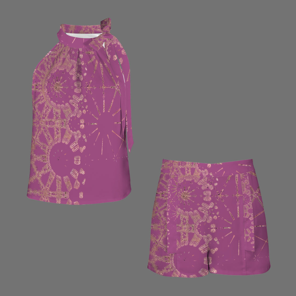 Ruched Sleeveless Tie Top and Shorts Set Cranberry and Rose Gold Graphic