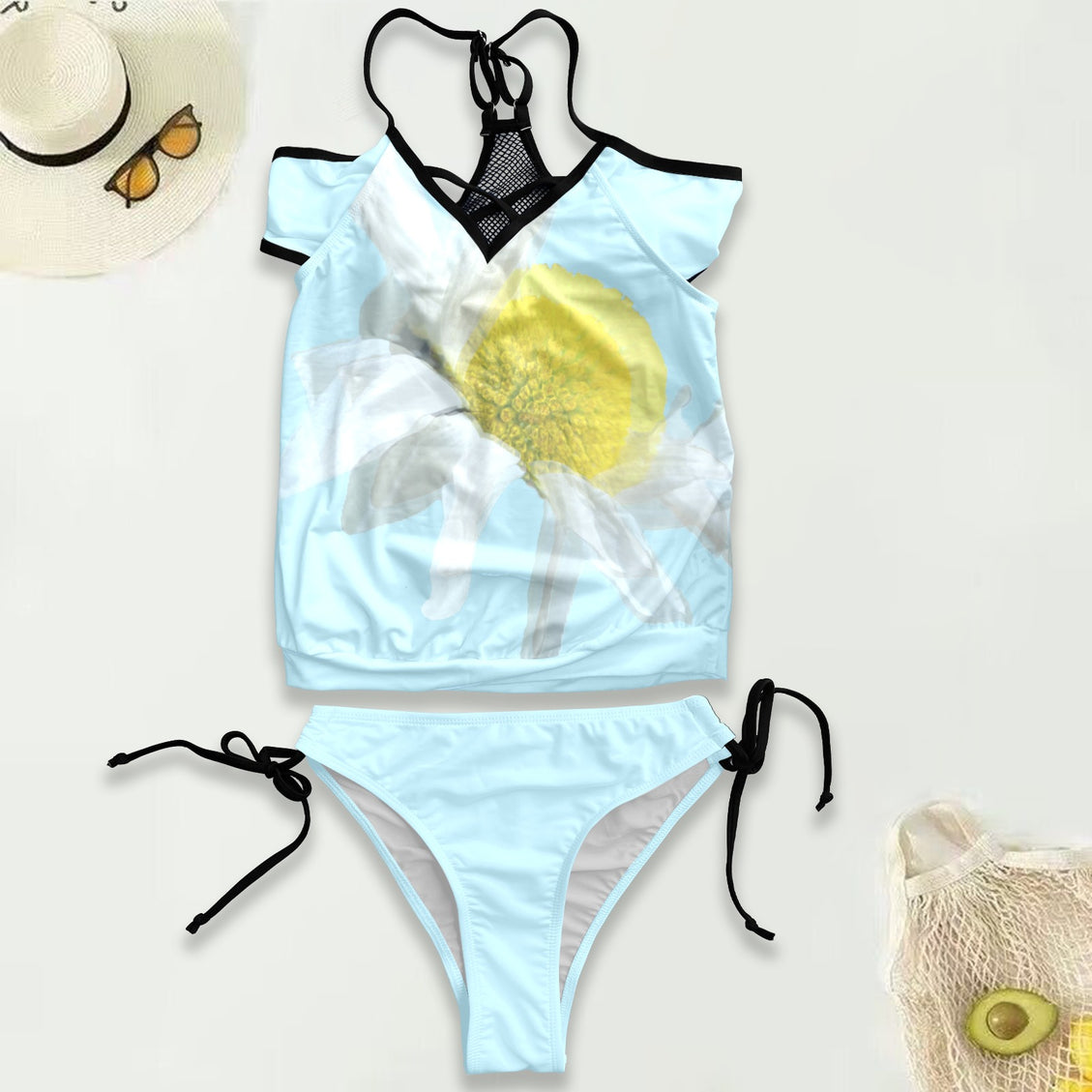 Mesh Back Tankini Daisy Watercolor Blue