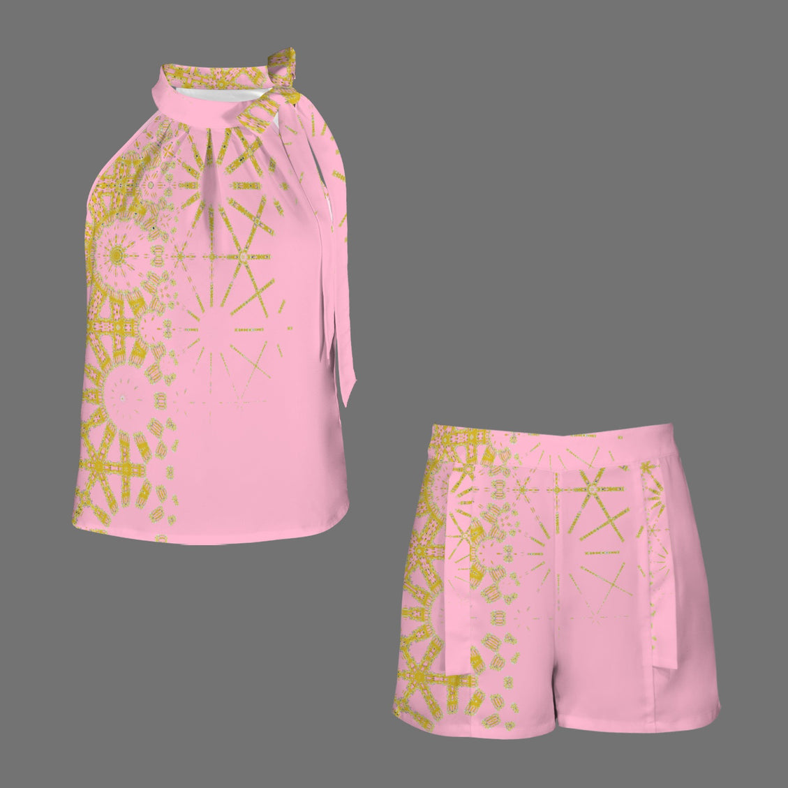 Ruched Tie Top and Shorts Set Pink and Gold Graphic