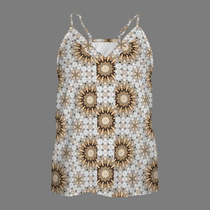 V Neck Cami Shimmering Feathers Gold Taupe Gray