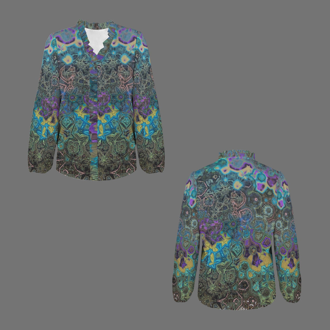 Long Sleeve Ruffled Blouse Peacock Blue Green