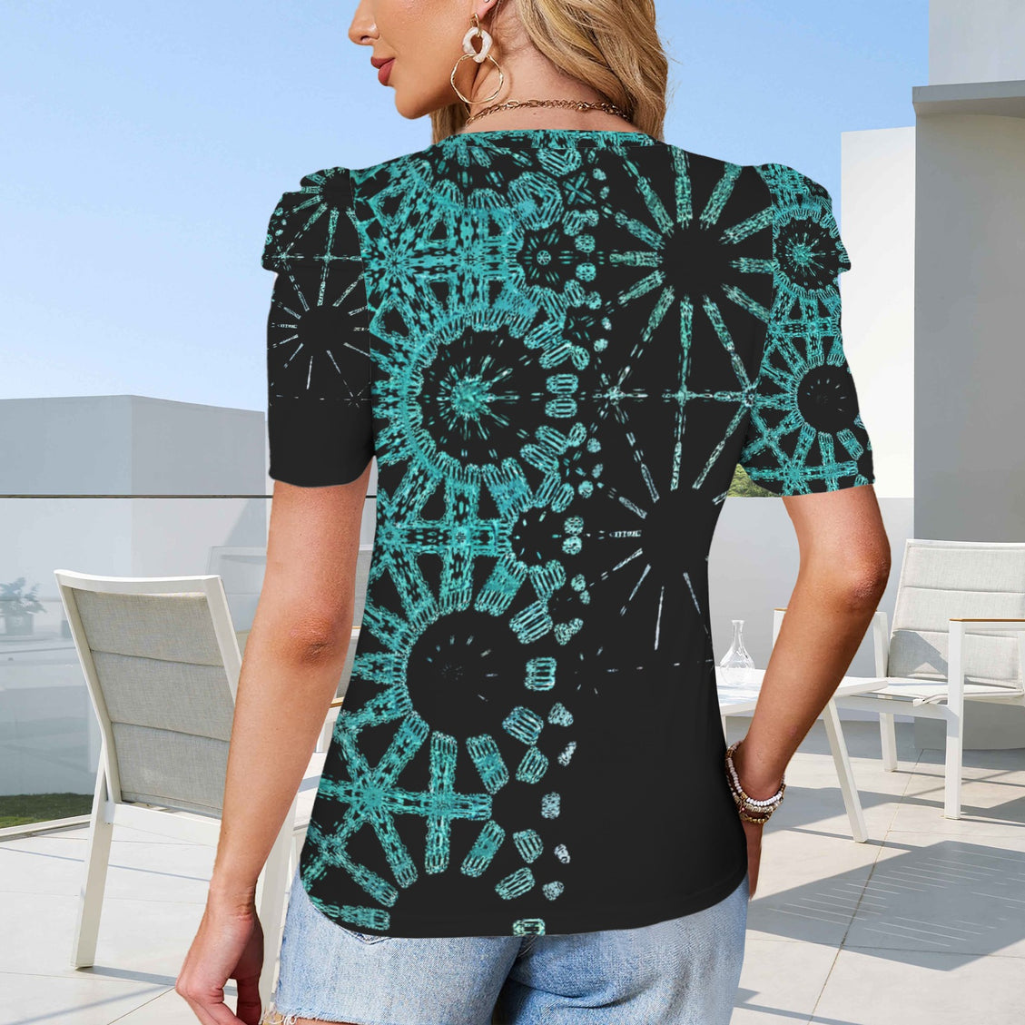 Puff Sleeve T-Shirt Turquoise Graphic