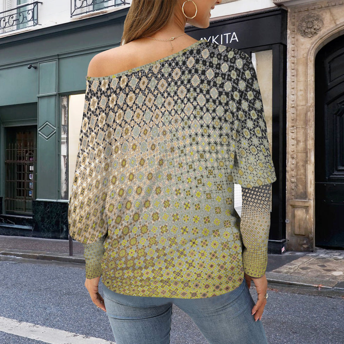 Batwing Long Sleeve Sweater Shattered Windshield Gold Green Gray Ombre