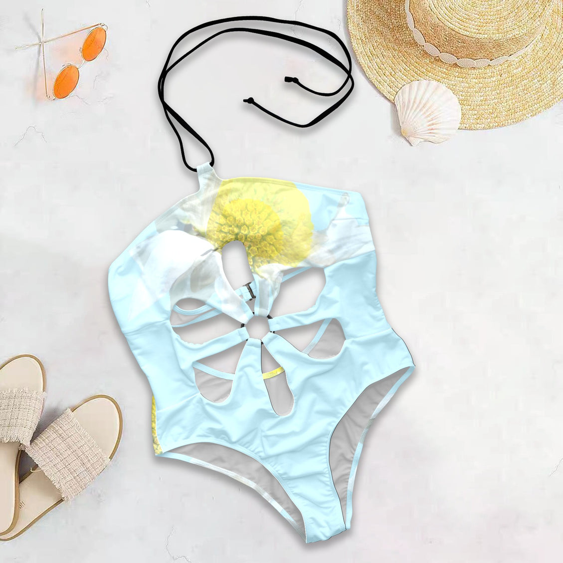 Flower Cut Out One Piece Swimsuit Daisy Watercolor Blue