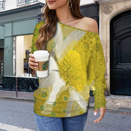 Batwing Long Sleeve Sweater Green & Gold Daisy Watercolor