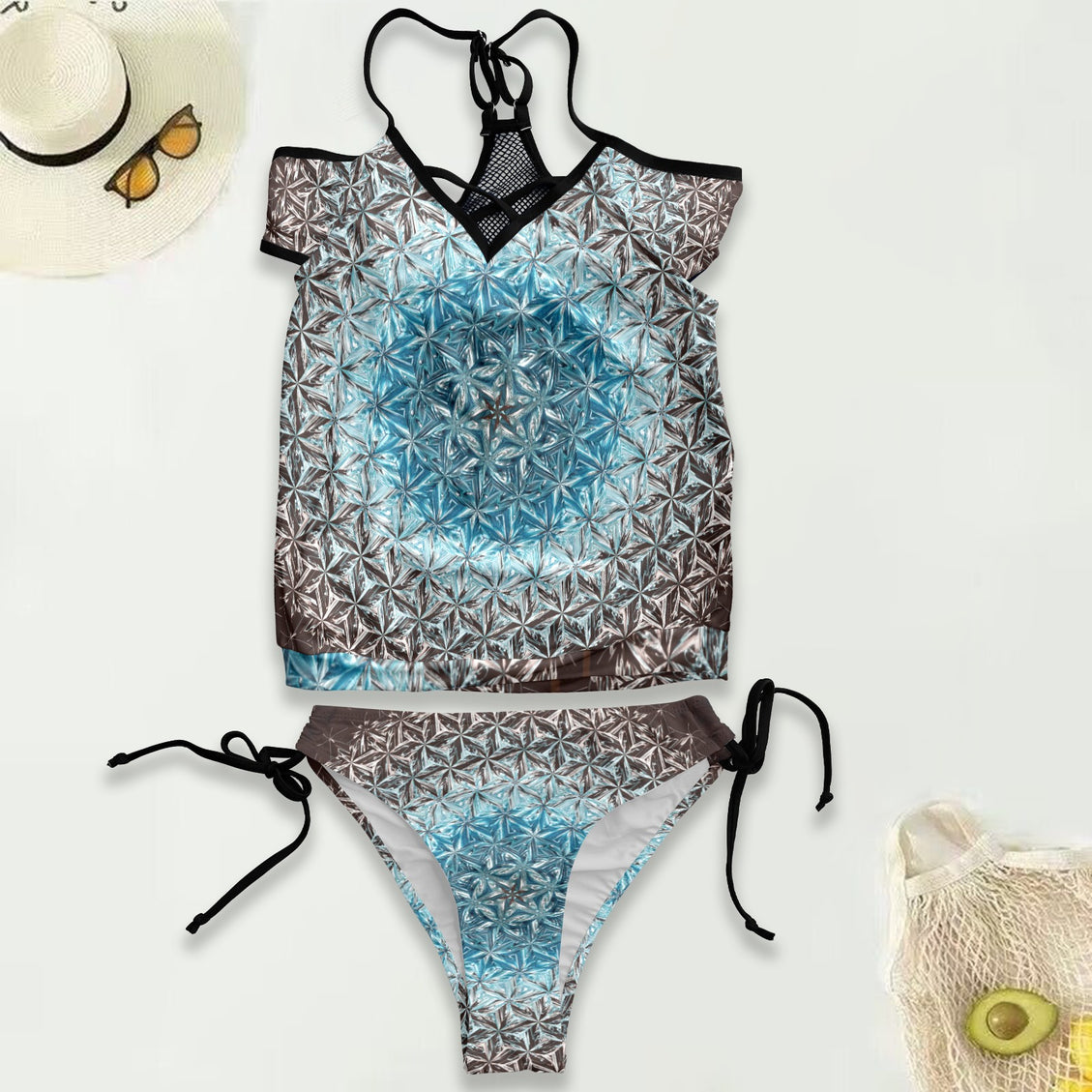 Mesh Back Tankini Blue Glass Medallion