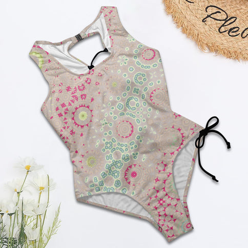 Tie Back Lace Up One Piece Swimsuit Petunias Taupe