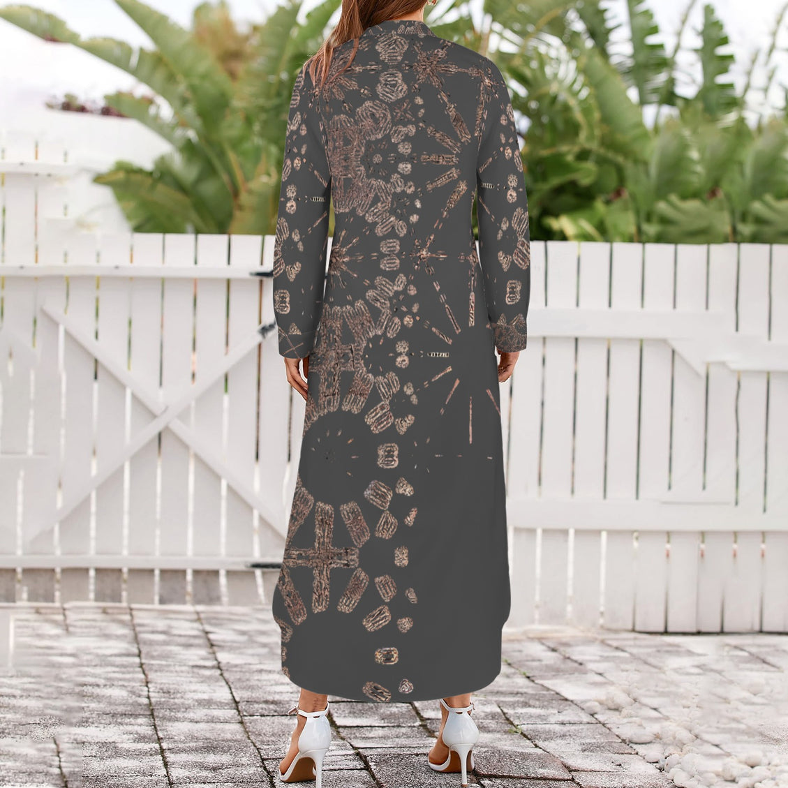 Long Sleeve Shirt Dress Charcoal and Copper Graphic