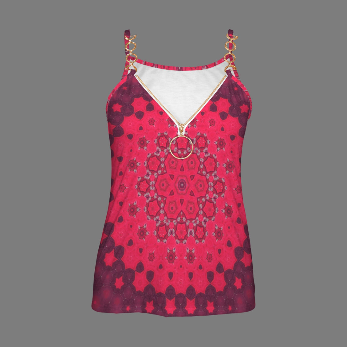 V Neck Chain Cami Red Hollyhocks