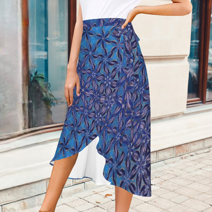 Tie Waist Wrap Skirt Blue Flowers Geometric