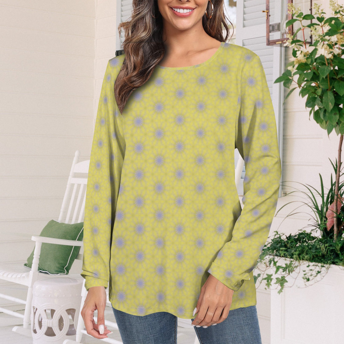 Long Sleeve Round Neck T Shirt Yellow and Purple Flowers