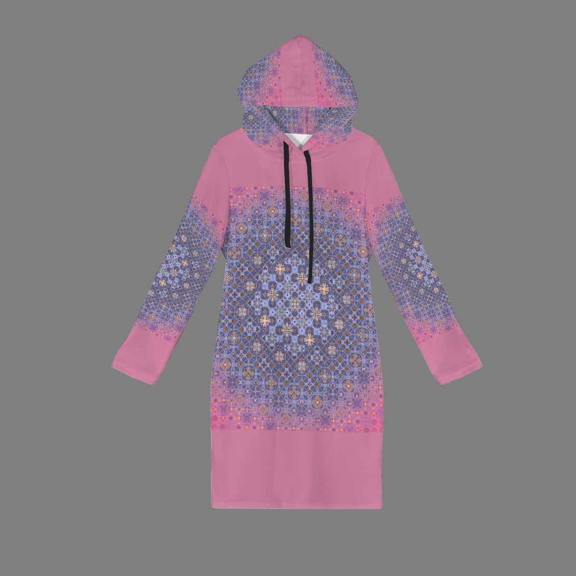 Hoodie Dress Pheasant Feathers Mandela Pink and Blue